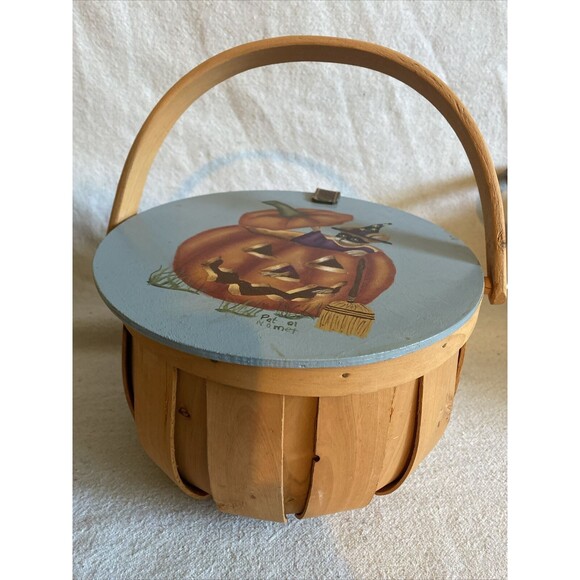 Halloween Basket with Hand painted lid Leather hinge Artist signed Pat Namet - Picture 1 of 5